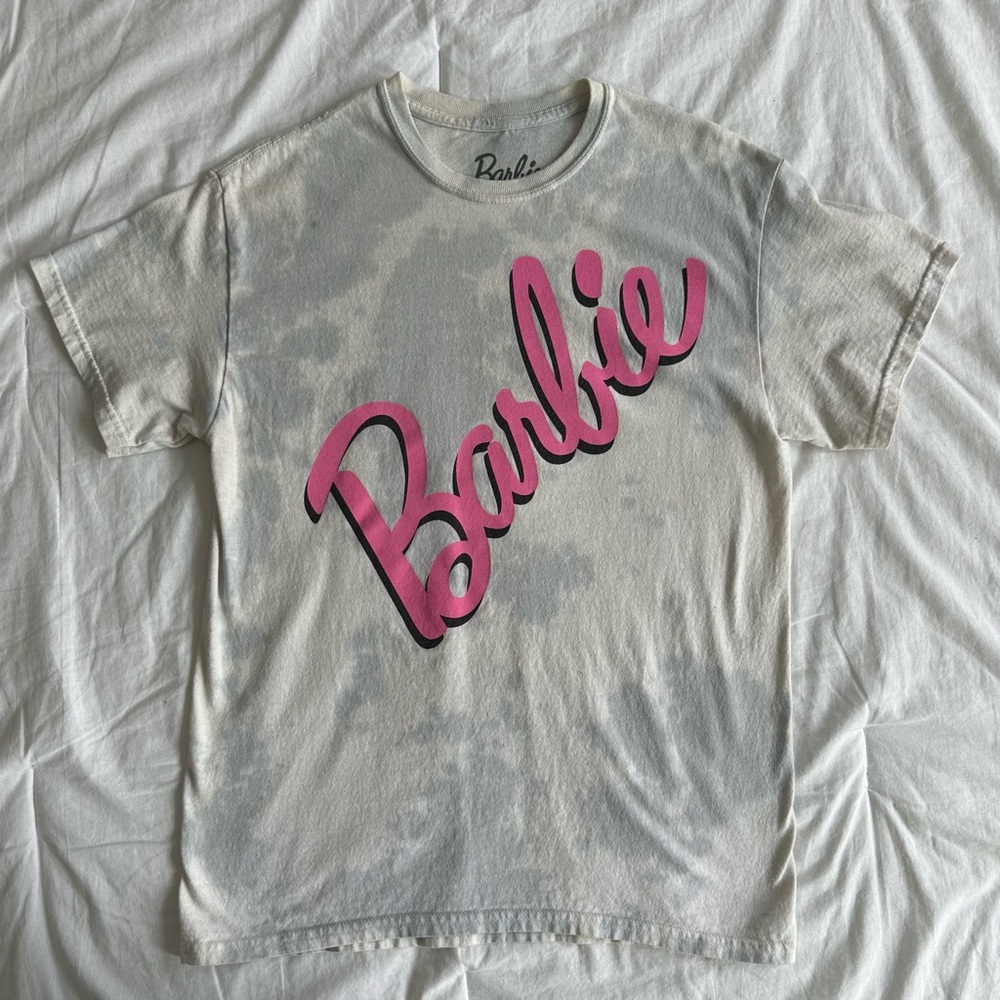 EUC Grey White Bleached Pink Barbie Name Logo T Shirt Top SZ MED SM